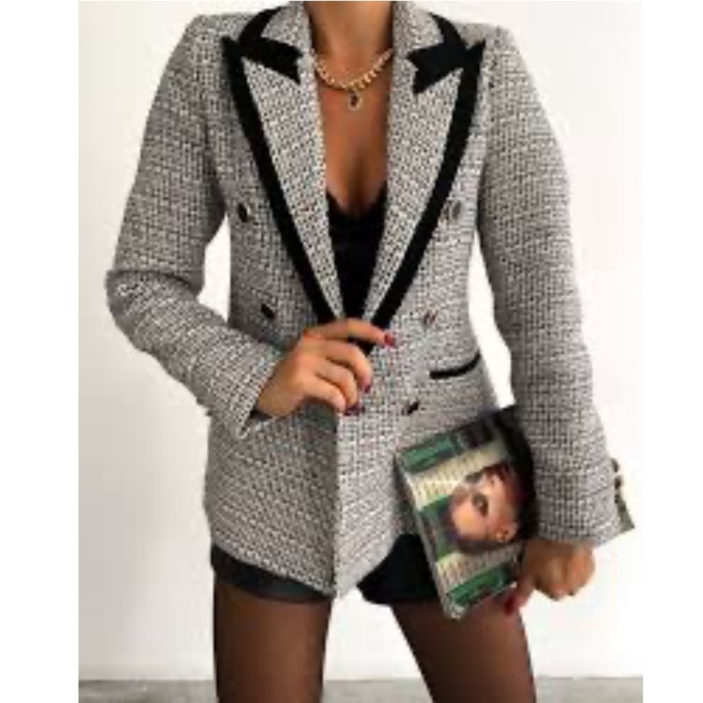 ZARA Structured Double Breasted Blazer Black White Tweed Blogger’s Favorite XL